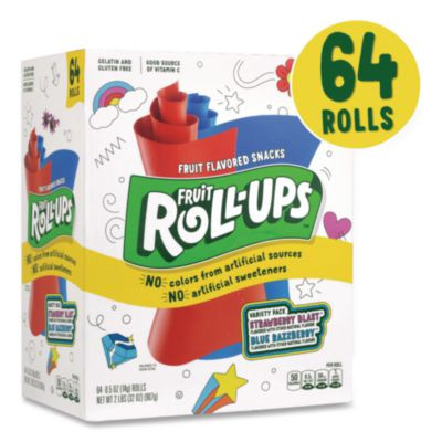 Fruit Roll-Ups Fruit Snacks Variety Pack, Strawberry Blast/Blue Raspberry Flavors, 0.5 Oz, 64 Pouches/Carton