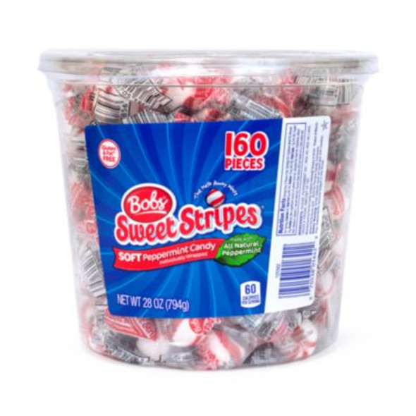 Bobs Sweet Stripes Soft Candy, Peppermint, 0.18 Oz Individually Wrapped, 160/Tub, 2 Tubs/Carton