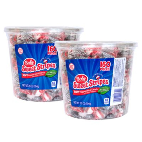 Bobs Sweet Stripes Soft Candy, Peppermint, 0.18 Oz Individually Wrapped, 160/Tub, 2 Tubs/Carton