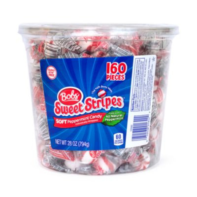 Bobs Sweet Stripes Soft Candy, Peppermint, 0.18 Oz Individually Wrapped, 160/Tub, 2 Tubs/Carton