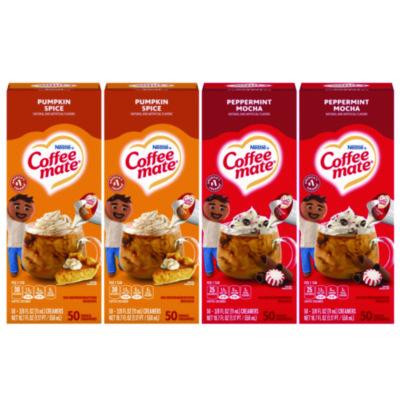 Liquid Coffee Creamer, Peppermint Mocha/Pumpkin Spice, 0.38 Oz Mini Cups, 50/Pack, 4 Packs/Carton