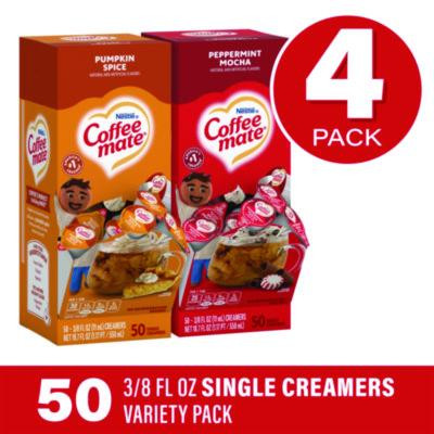 Liquid Coffee Creamer, Peppermint Mocha/Pumpkin Spice, 0.38 Oz Mini Cups, 50/Pack, 4 Packs/Carton