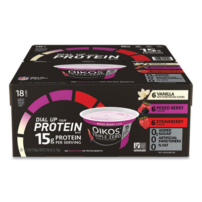 Triple Zero Blended Greek Nonfat Yogurt, 5.3 Oz, Strawberry/Mixed Berry/Vanilla, 18/Carton