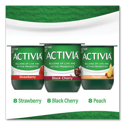 Probiotic Lowfat Yogurt, Variety Pack, Black Cherry/Peach/Strawberry, 4 Oz Cups, 24/Pack