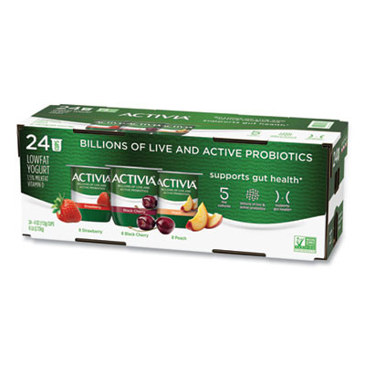 Probiotic Lowfat Yogurt, Variety Pack, Black Cherry/Peach/Strawberry, 4 Oz Cups, 24/Pack