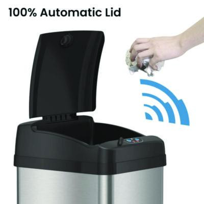 Sensor Trash Can, Rectangular, 13 Gal, Plastic/Stainless Steel, Silver