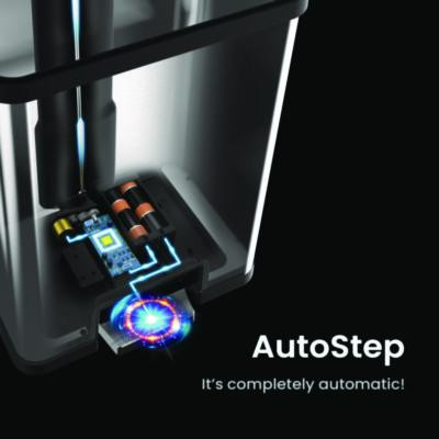 Step Pedal-Sensor Trash Can, 13 Gal, Plastic/Stainless Steel, Silver/White