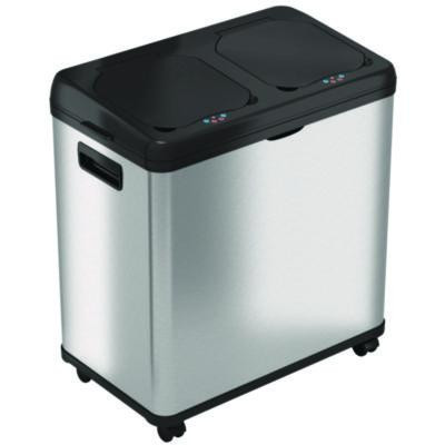 Dual Compartment Sensor Recycle Bin And Trash Can With Wheels, 16 Gal, Plastic/Stainless Steel, Silver/Black