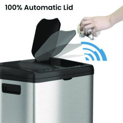 Dual Compartment Sensor Recycle Bin And Trash Can With Wheels, 16 Gal, Plastic/Stainless Steel, Silver/Black