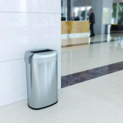 Open Top Trash Can, Oval, 16 Gal, Plastic/Stainless Steel, Silver