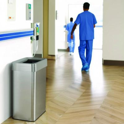 Open Top Trash Can, Rectangular, 16 Gal, Plastic/Stainless Steel, Silver