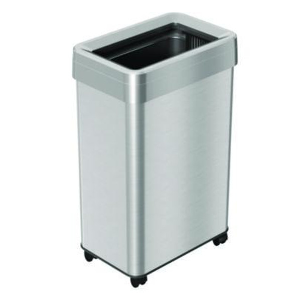 Open Top Trash Can With Wheels, Rectangular, 16 Gal, Plastic/Stainless Steel, Silver