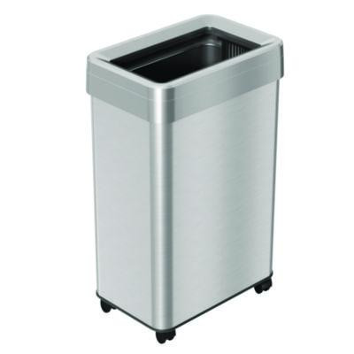 Open Top Trash Can With Wheels, Rectangular, 16 Gal, Plastic/Stainless Steel, Silver