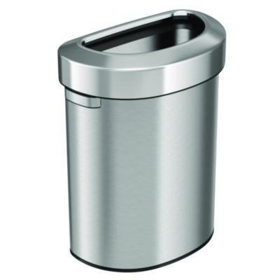 Open Top Trash Can, Half-Round, 18 Gal, Plastic/Stainless Steel, Silver