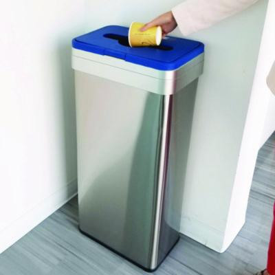 Open Top Recycle Bin With Color-Coded Lid, 21 Gal, Plastic/Stainless Steel, Silver/Blue