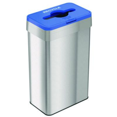 Open Top Recycle Bin With Color-Coded Lid, 21 Gal, Plastic/Stainless Steel, Silver/Blue
