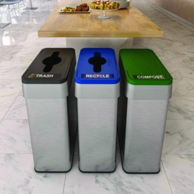 Open Top Trash Can/Recycle Bin/Compost Bin w/Color-Coded Lids Set, 21 Gal, Plastic/Stainless Steel, Silver/Black/Blue/Green