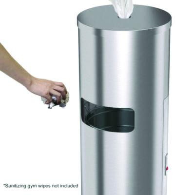 Side-Entry Trash Can With Gym Wipe Dispenser, 9 Gal, Stainless Steel, Silver