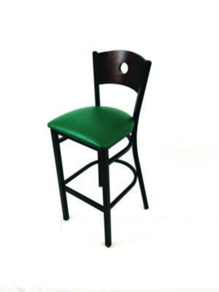 Circle Series Barstool, Supports Up To 300 Lb, 28.5" Seat Height, Green Seat, Dark Walnut Back, Black Base