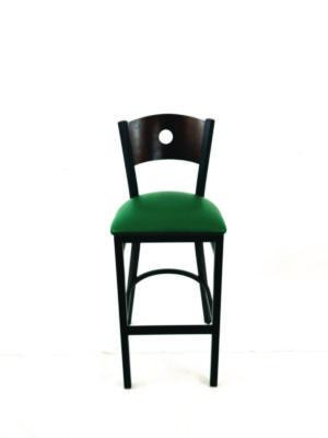 Circle Series Barstool, Supports Up To 300 Lb, 28.5" Seat Height, Green Seat, Dark Walnut Back, Black Base