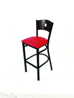 Circle Series Barstool, Supports Up To 300 Lb, 28.5" Seat Height, Red Seat, Dark Walnut Back, Black Base