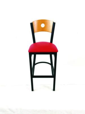 Circle Series Barstool, Supports Up To 300 Lb, 28.5" Seat Height, Red Seat, Natural Back, Black Base