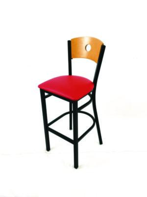 Circle Series Barstool, Supports Up To 300 Lb, 28.5" Seat Height, Red Seat, Natural Back, Black Base