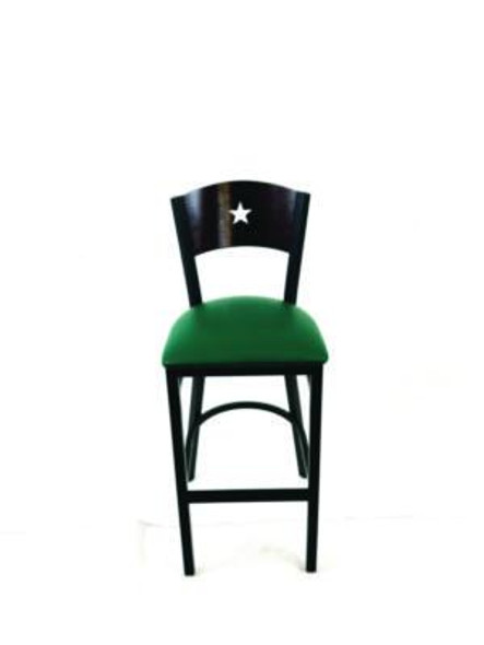 Liberty Series Barstool, Supports Up To 300 Lb, 28.5" Seat Height, Green Seat, Dark Mahogany Back, Black Base