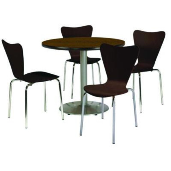 Pedestal Table With Four Espresso Jive Series Chairs, Round, 36" Dia x 29h, Walnut