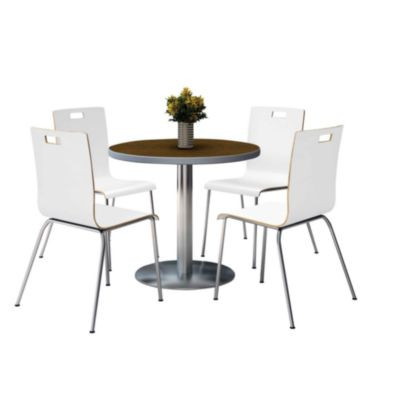 Pedestal Table With Four White Jive Series Chairs, Round, 36" Dia x 29h, Walnut