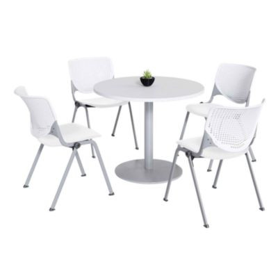 Pedestal Table With Four White Kool Series Chairs, Round, 36" Dia x 29h, Designer White