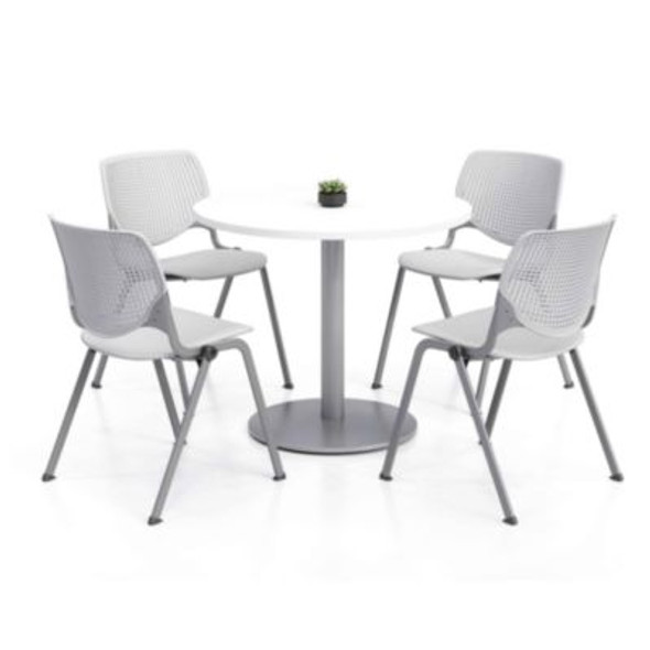 Pedestal Table With Four Light Gray Kool Series Chairs, Round, 36" Dia x 29h, Designer White