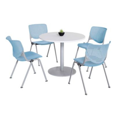 Pedestal Table With Four Sky Blue Kool Series Chairs, Round, 36" Dia x 29h, Designer White