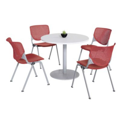 Pedestal Table With Four Coral Kool Series Chairs, Round, 36" Dia x 29h, Designer White