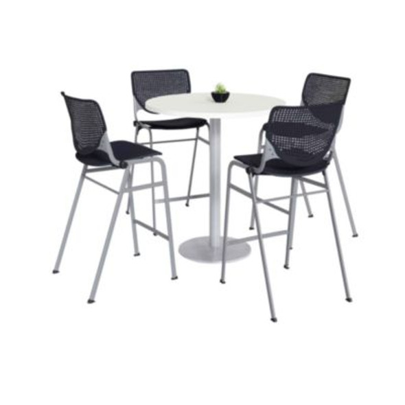 Pedestal Bistro Table With Four Black Kool Series Barstools, Round, 36" Dia x 41h, Designer White