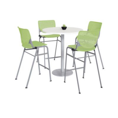 Pedestal Bistro Table With Four Lime Green Kool Series Barstools, Round, 36" Dia x 41h, Designer White