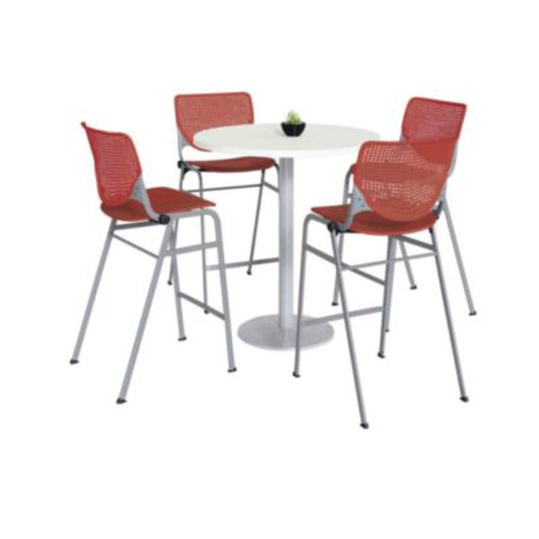 Pedestal Bistro Table With Four Coral Kool Series Barstools, Round, 36" Dia x 41h, Designer White