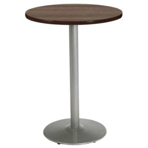 Pedestal Bistro Table With Four White Kool Series Barstools, Round, 36" Dia x 41h, Studio Teak