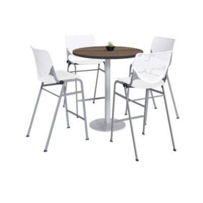 Pedestal Bistro Table With Four White Kool Series Barstools, Round, 36" Dia x 41h, Studio Teak
