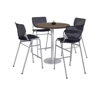 Pedestal Bistro Table With Four Black Kool Series Barstools, Round, 36" Dia x 41h, Studio Teak