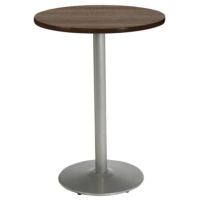 Pedestal Bistro Table With Four Black Kool Series Barstools, Round, 36" Dia x 41h, Studio Teak
