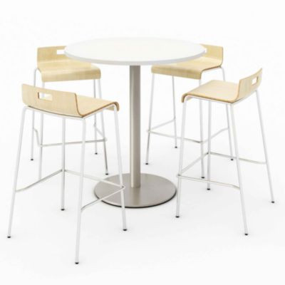 Pedestal Bistro Table With Four Natural Jive Series Barstools, Round, 36" Dia x 41h, Designer White