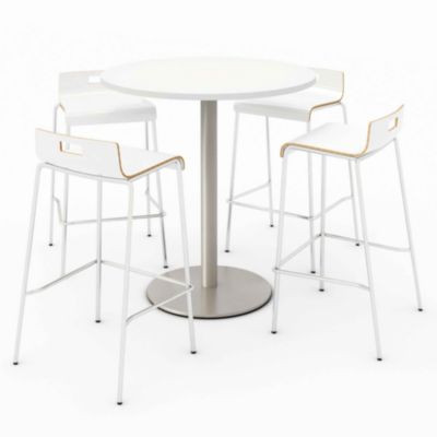 Pedestal Bistro Table With Four White Jive Series Barstools, Round, 36" Dia x 41h, Designer White