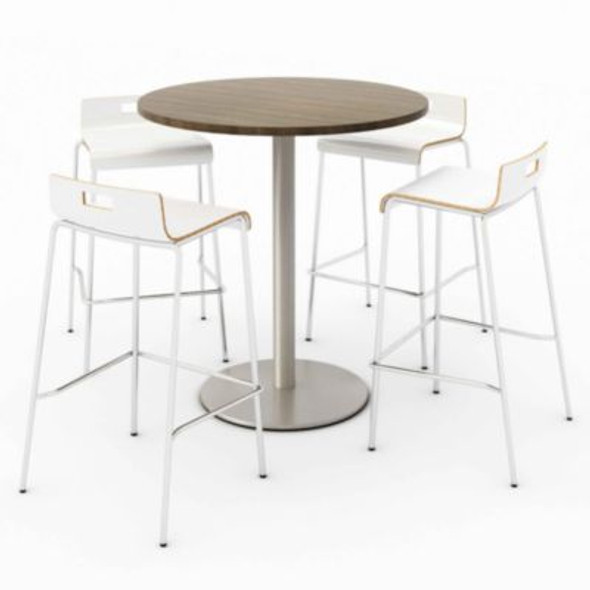 Pedestal Bistro Table With Four White Jive Series Barstools, Round, 36" Dia x 41h, Studio Teak