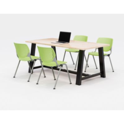 Midtown Dining Table With Four Lime Green Kool Series Chairs, 36 x 72 x 30, Kensington Maple