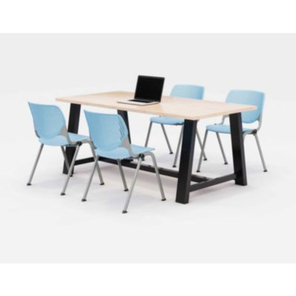 Midtown Dining Table With Four Sky Blue Kool Series Chairs, 36 x 72 x 30, Kensington Maple