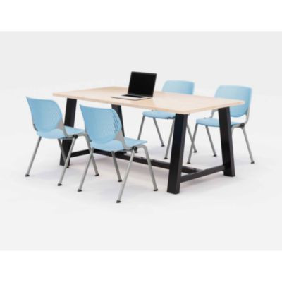 Midtown Dining Table With Four Sky Blue Kool Series Chairs, 36 x 72 x 30, Kensington Maple