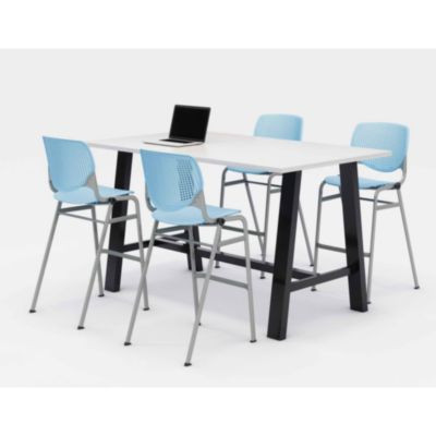 Midtown Bistro Dining Table With Four Sky Blue Kool Barstools, 36 x 72 x 41, Designer White