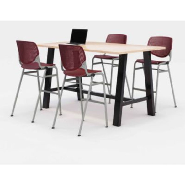 Midtown Bistro Dining Table With Four Burgundy Kool Barstools, 36 x 72 x 41, Kensington Maple