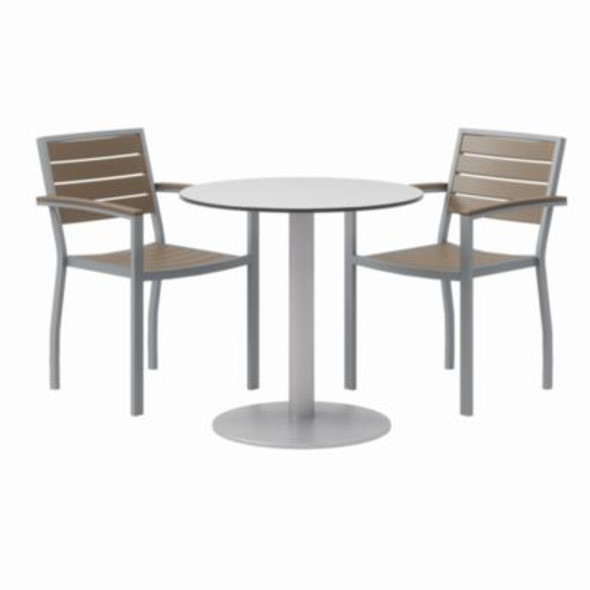 Eveleen Outdoor Patio Table With Two Mocha Powder-Coated Polymer Chairs, 30" Dia x 29h, Gray